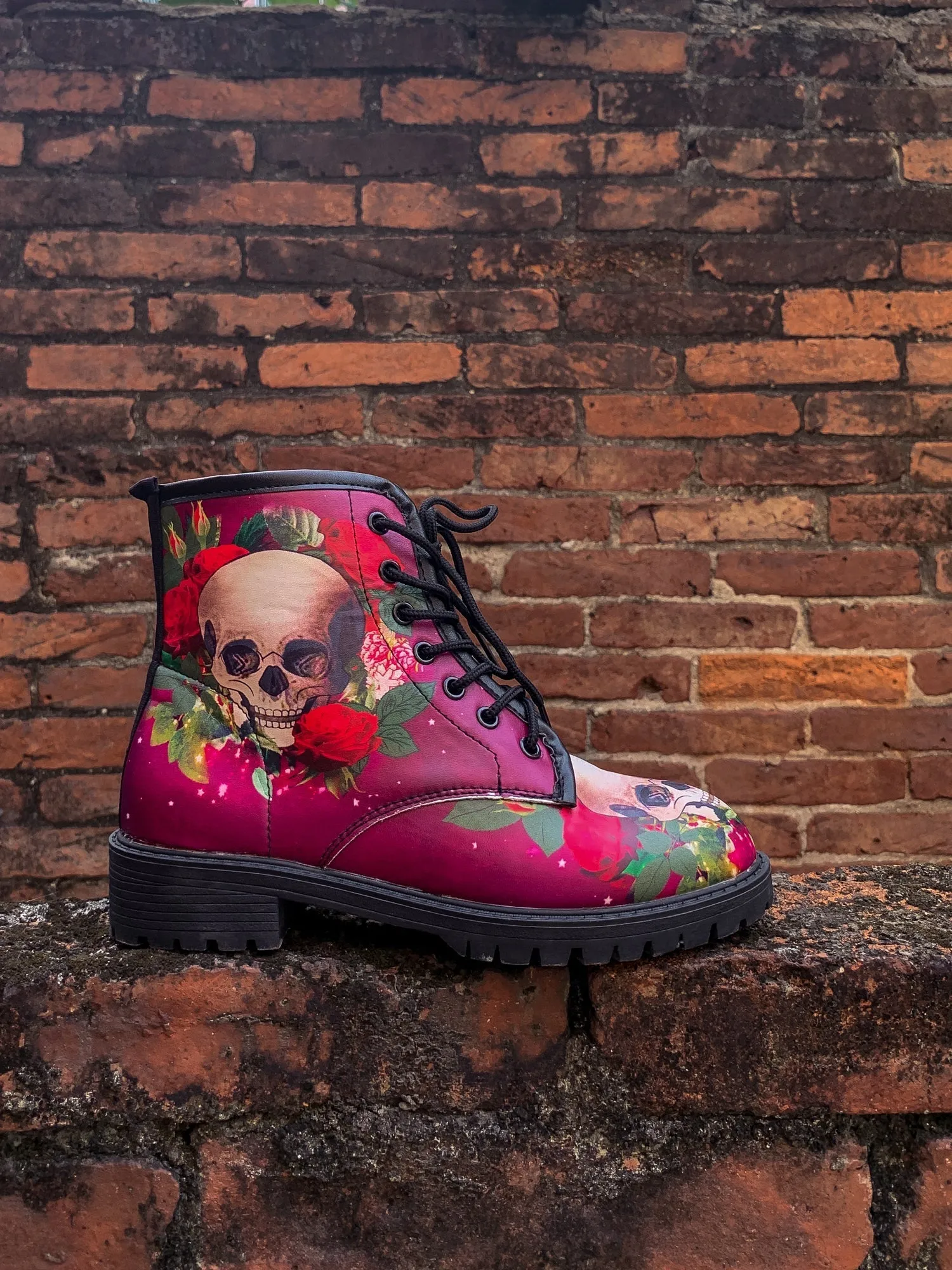 Skull-Rose Red Ankle Flat Combat Boots