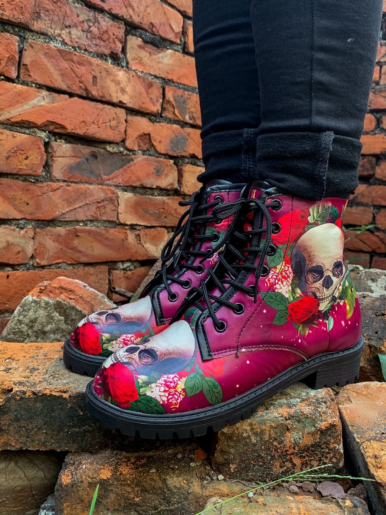 Skull-Rose Red Ankle Flat Combat Boots