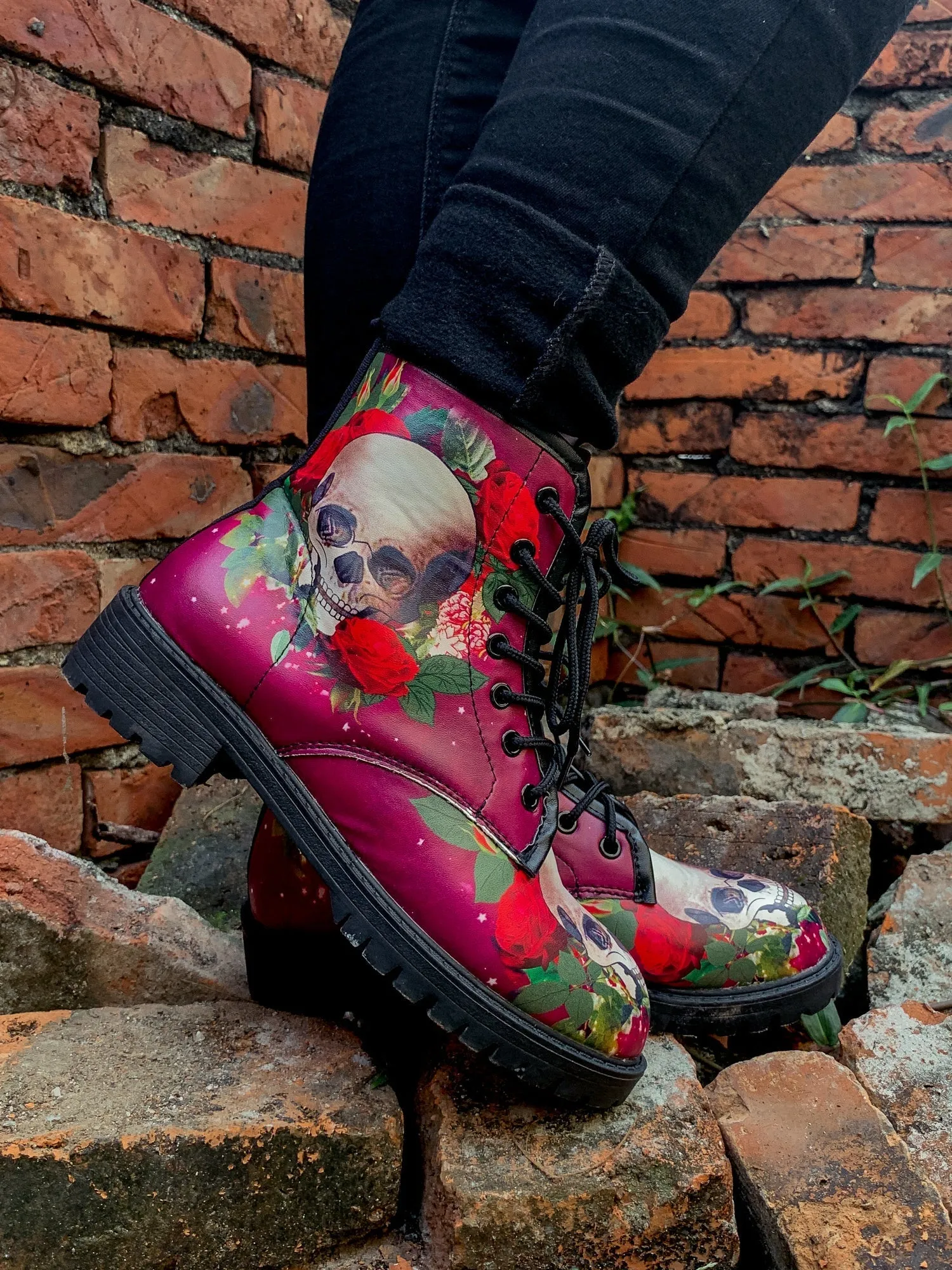 Skull-Rose Red Ankle Flat Combat Boots