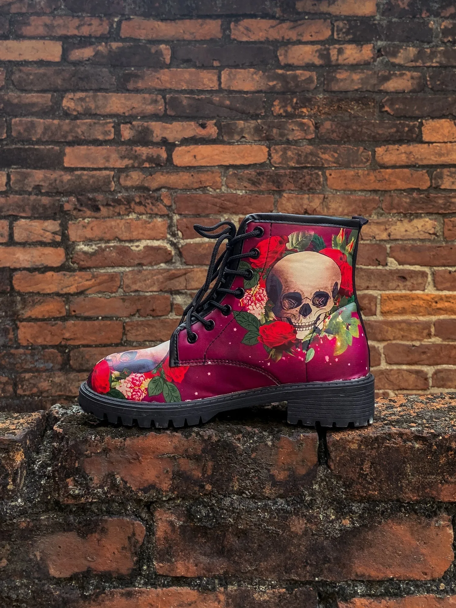 Skull-Rose Red Ankle Flat Combat Boots