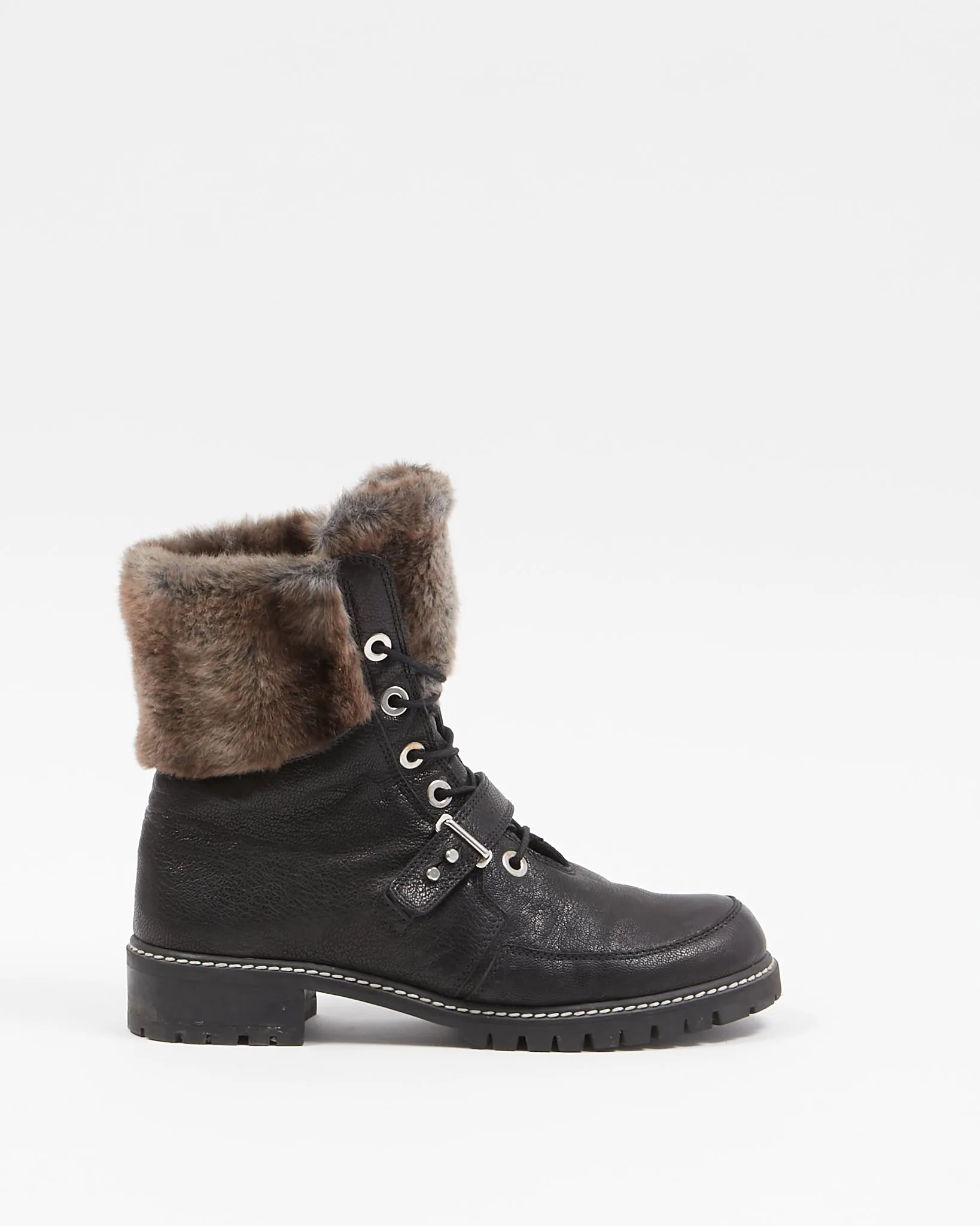 Stuart Weitzman Black Leather & Fur Combat Boots - 8