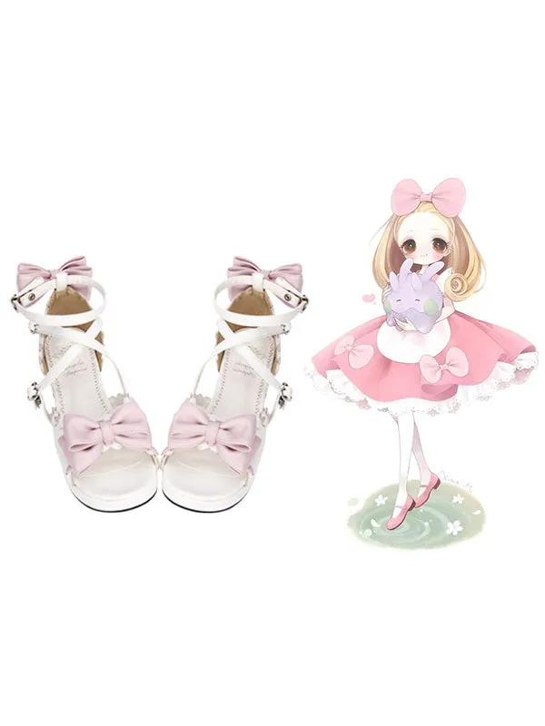 Sweet White Lolita Sandals Square Heels Ankle Straps Pink Bows