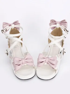 Sweet White Lolita Sandals Square Heels Ankle Straps Pink Bows