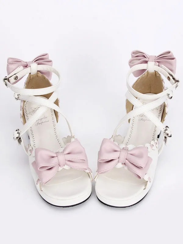 Sweet White Lolita Sandals Square Heels Ankle Straps Pink Bows