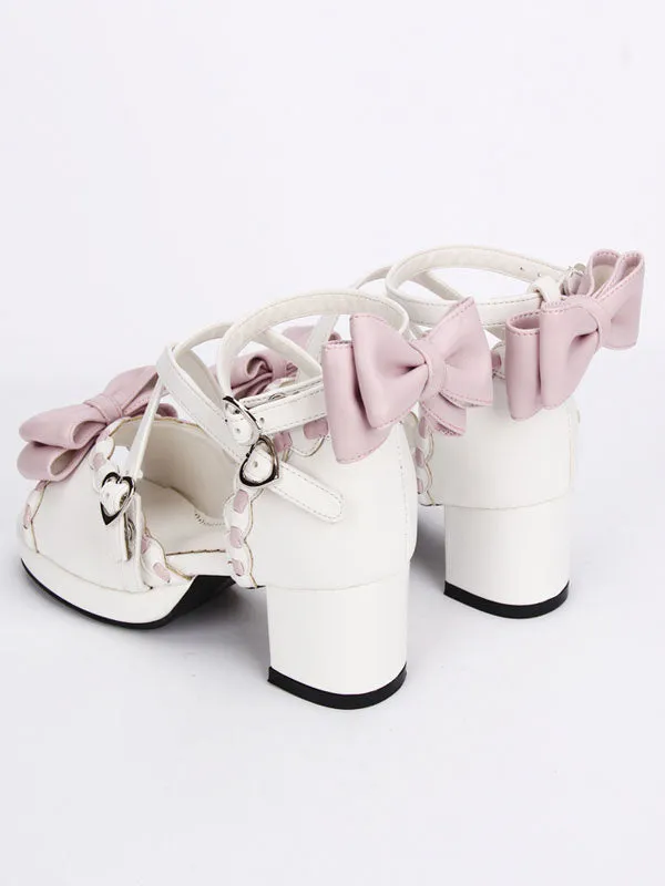 Sweet White Lolita Sandals Square Heels Ankle Straps Pink Bows