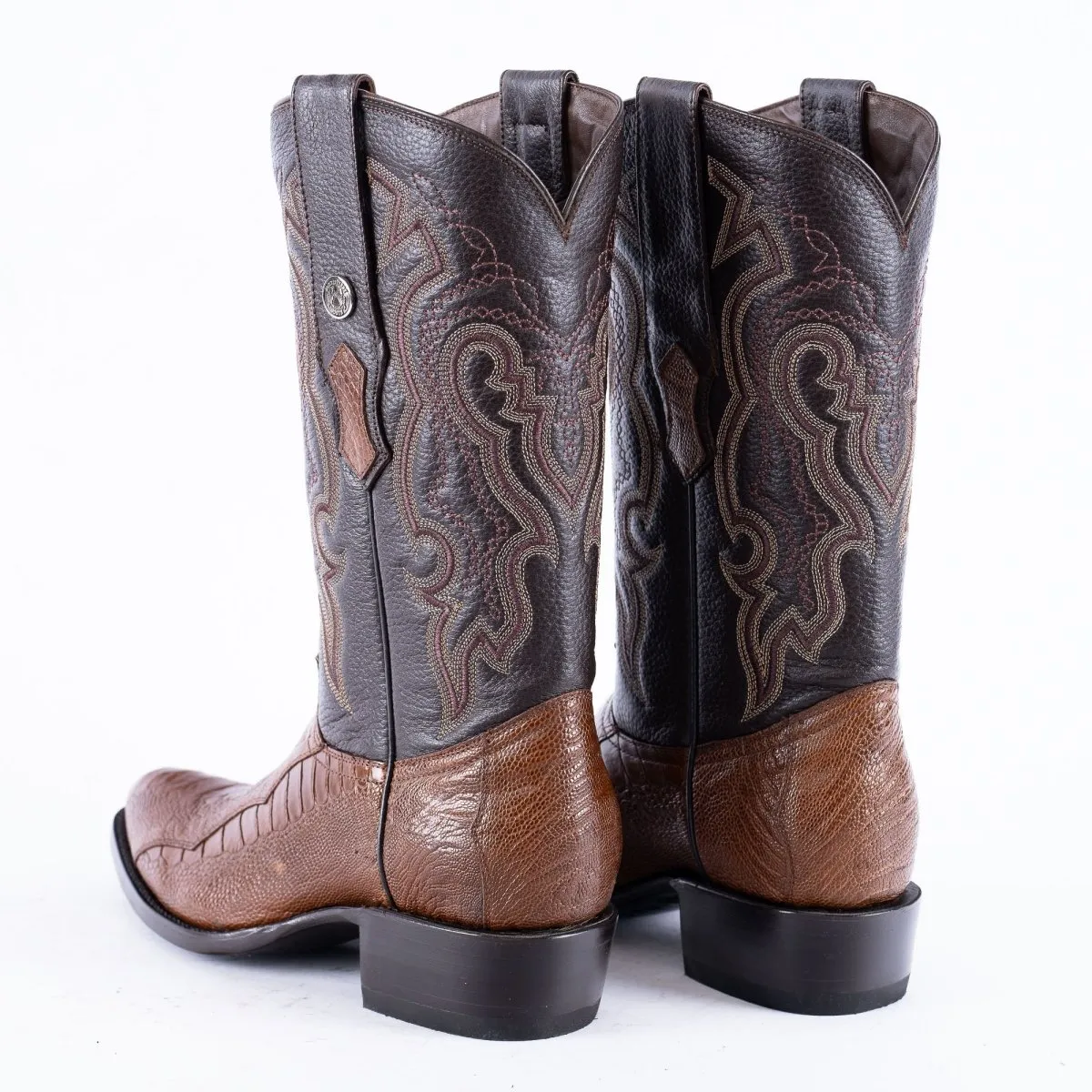 TANNER MARK EXOTIC LEATHER Ostrich Leg Brown Cowboy Boots Snip Toe