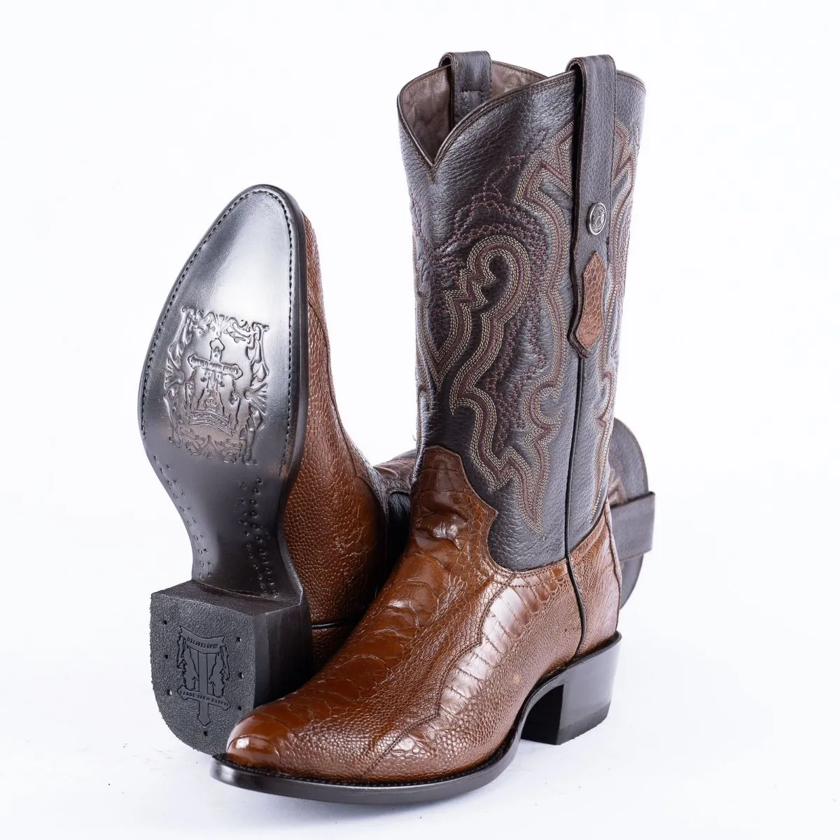 TANNER MARK EXOTIC LEATHER Ostrich Leg Brown Cowboy Boots Snip Toe
