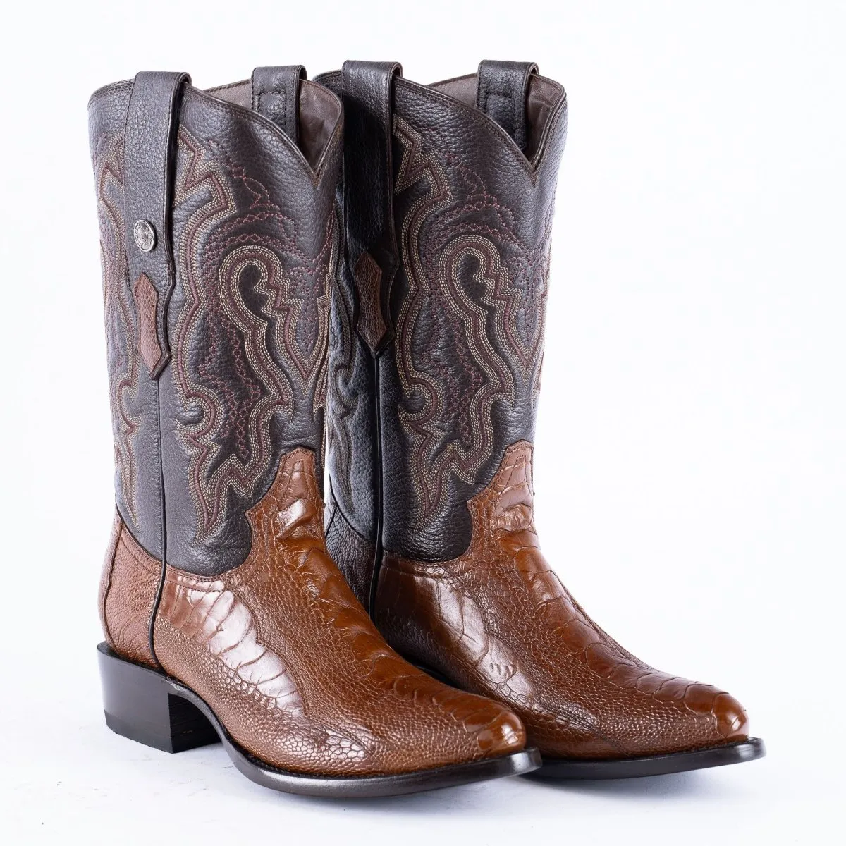 TANNER MARK EXOTIC LEATHER Ostrich Leg Brown Cowboy Boots Snip Toe