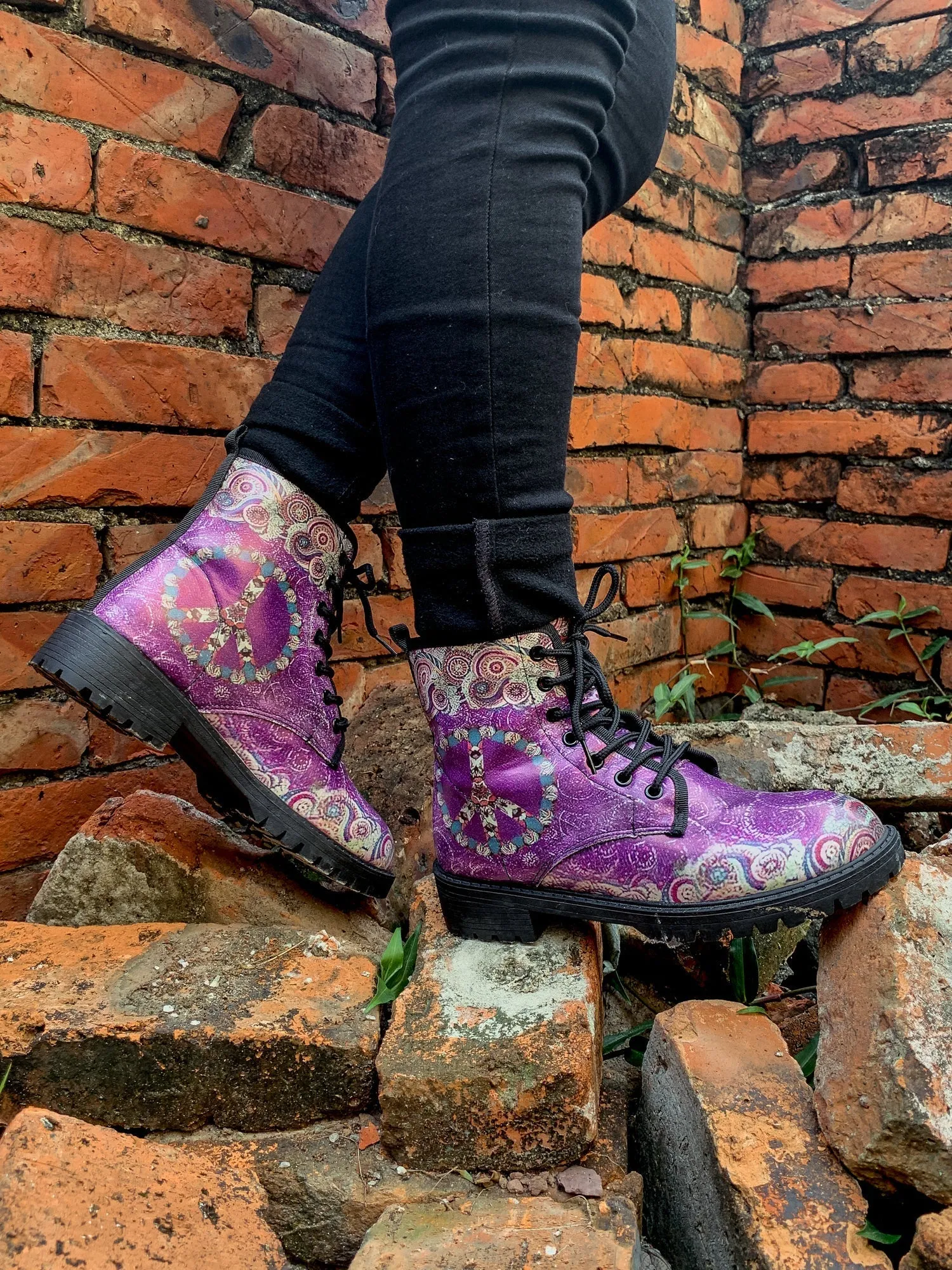 Tibet Art Purple Ankle Flat Combat Boots