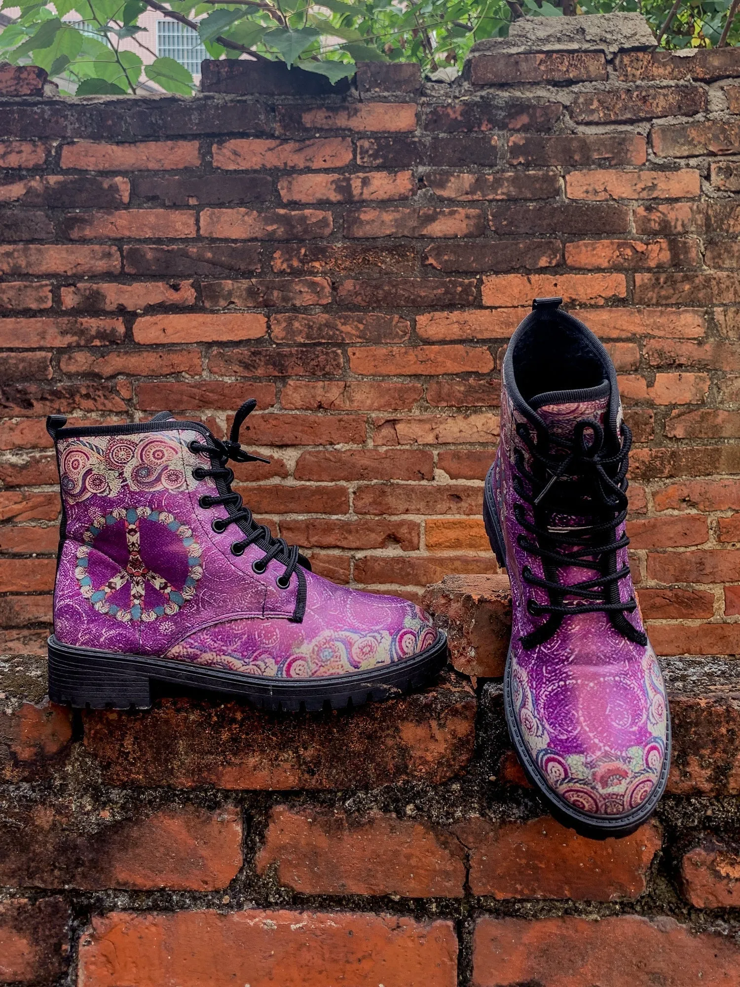 Tibet Art Purple Ankle Flat Combat Boots
