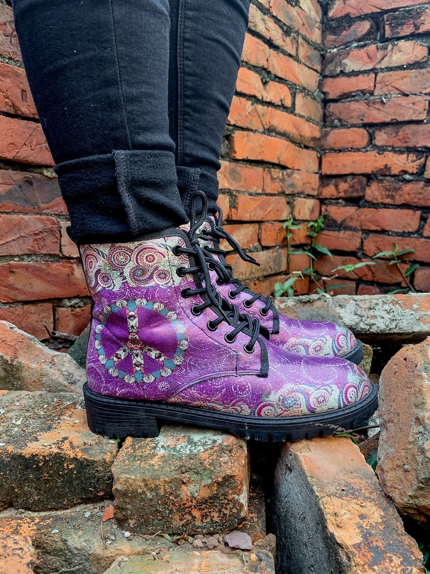 Tibet Art Purple Ankle Flat Combat Boots