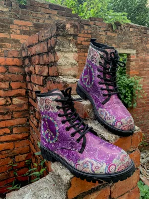Tibet Art Purple Ankle Flat Combat Boots