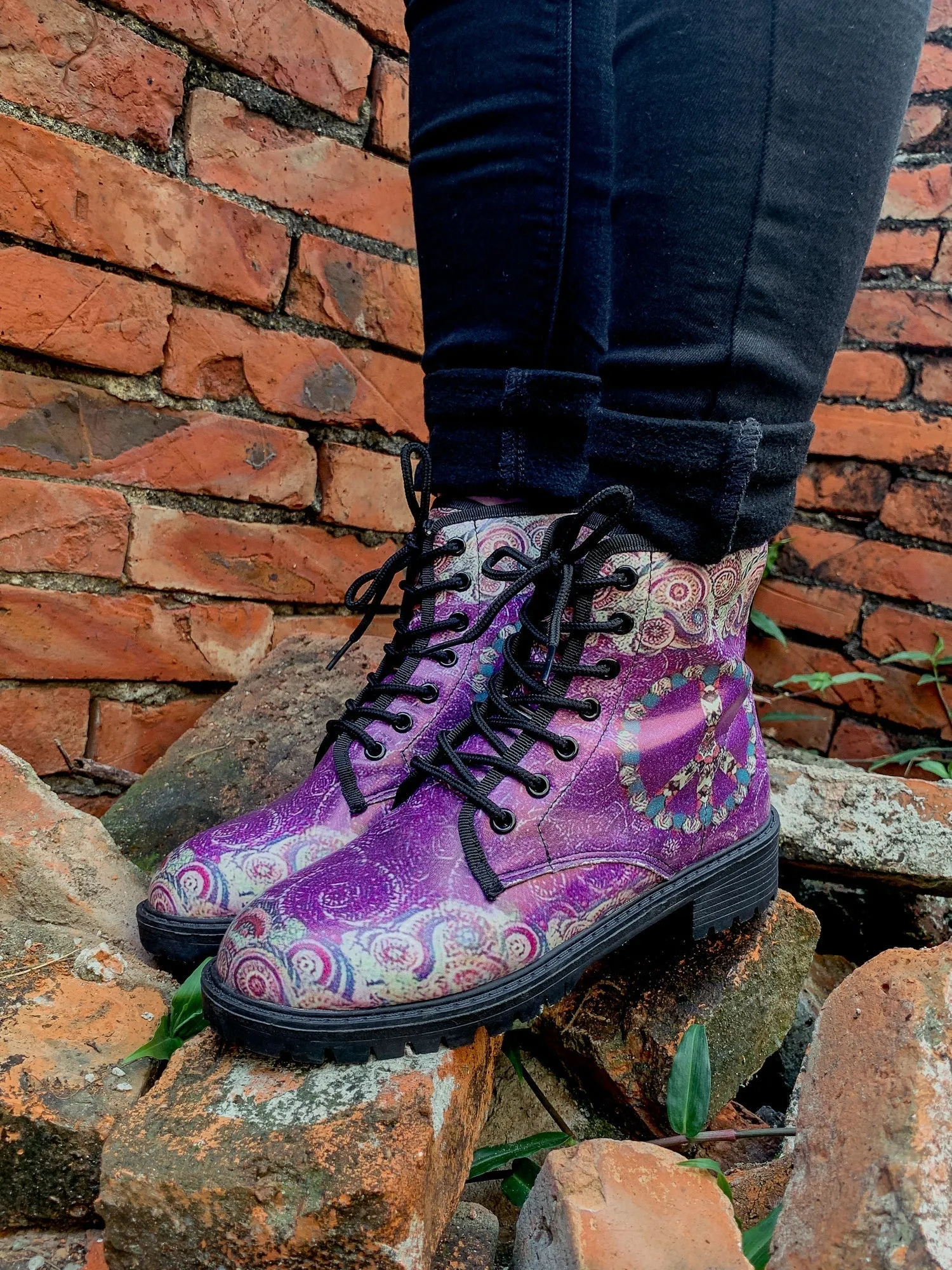 Tibet Art Purple Ankle Flat Combat Boots