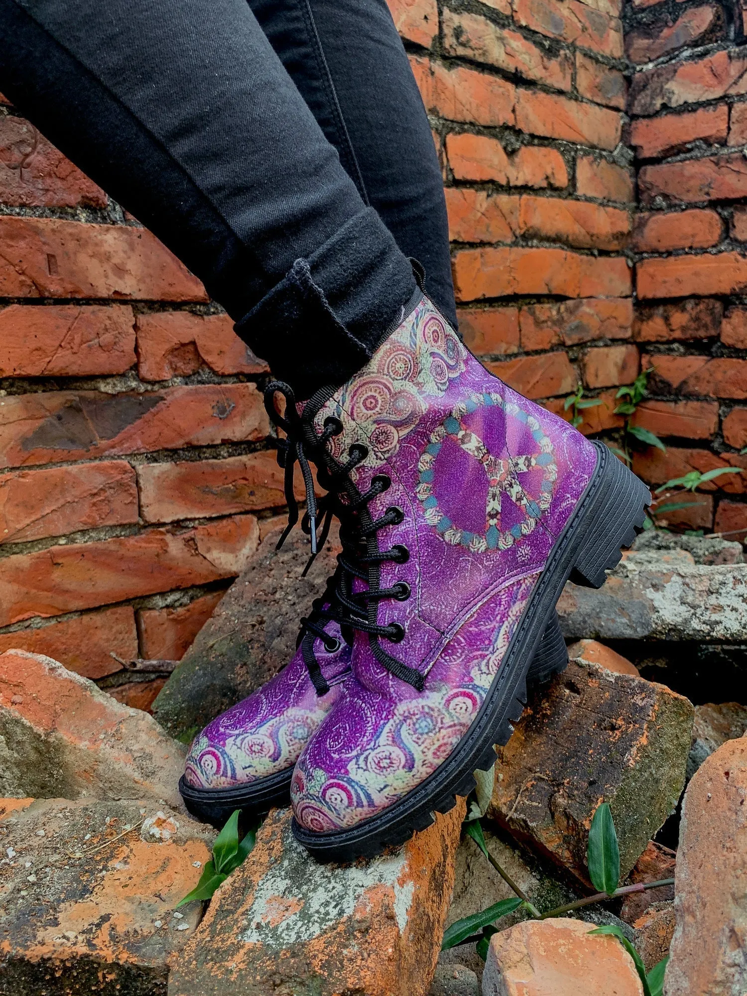Tibet Art Purple Ankle Flat Combat Boots