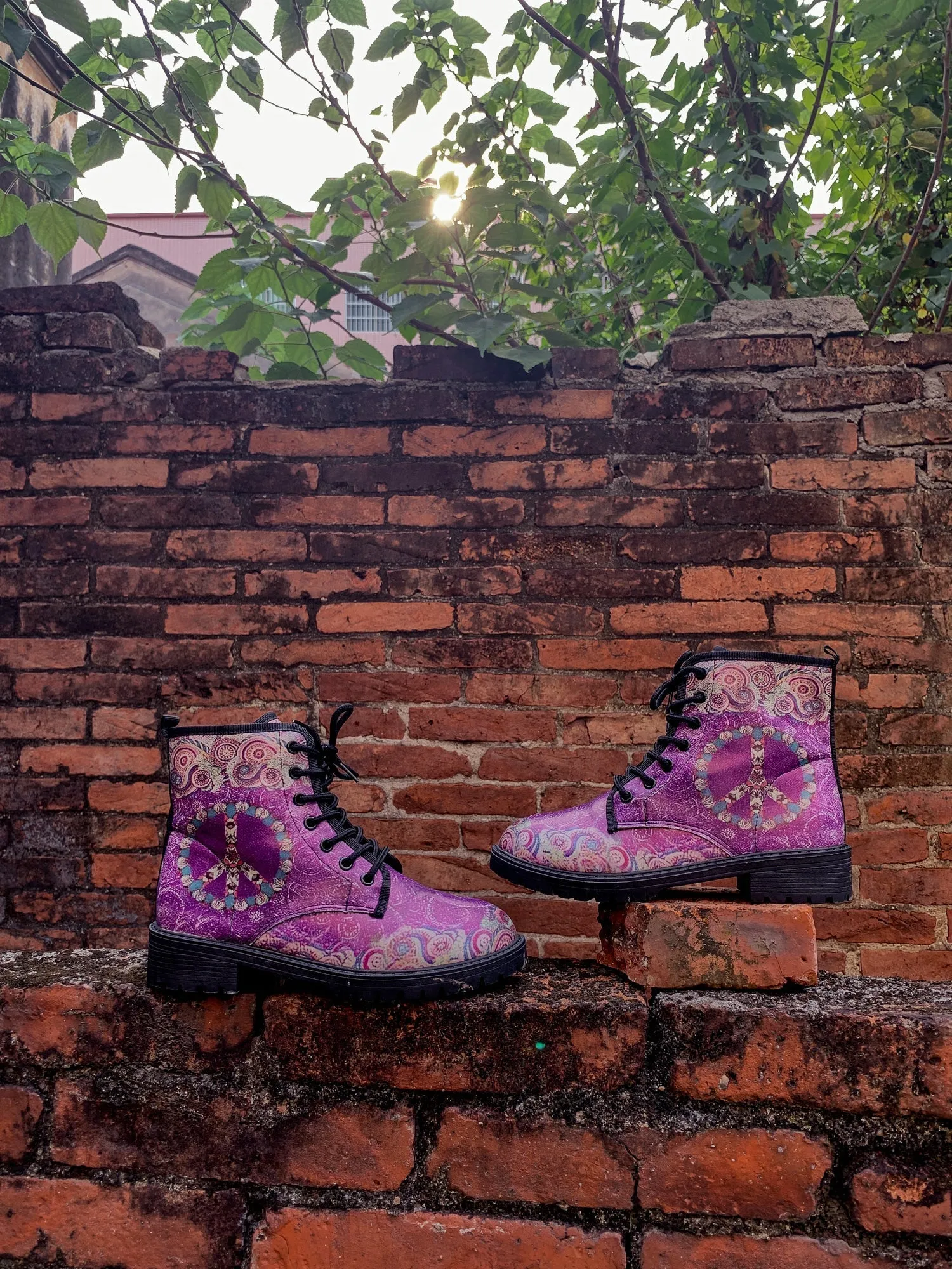 Tibet Art Purple Ankle Flat Combat Boots