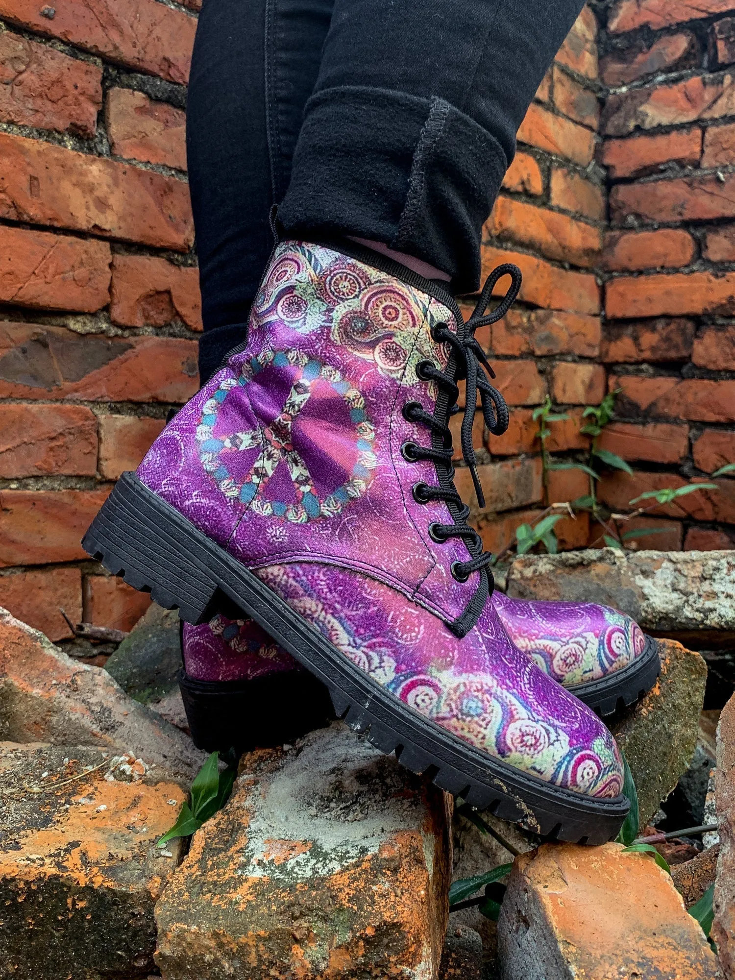 Tibet Art Purple Ankle Flat Combat Boots