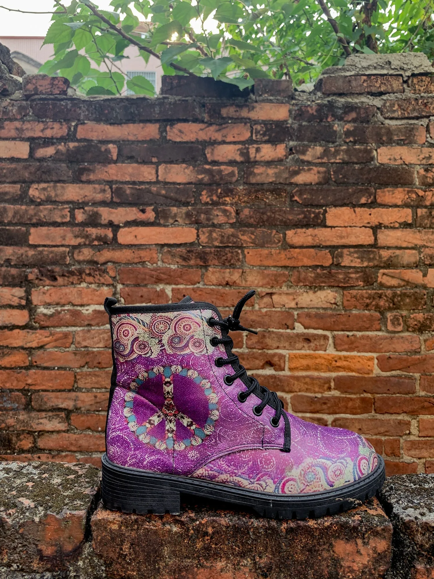 Tibet Art Purple Ankle Flat Combat Boots