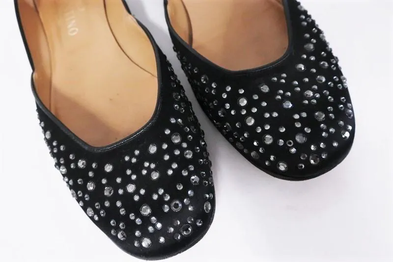 Valentino Garavani Swarovski Crystal Studded Flats Black Satin Size 40.5