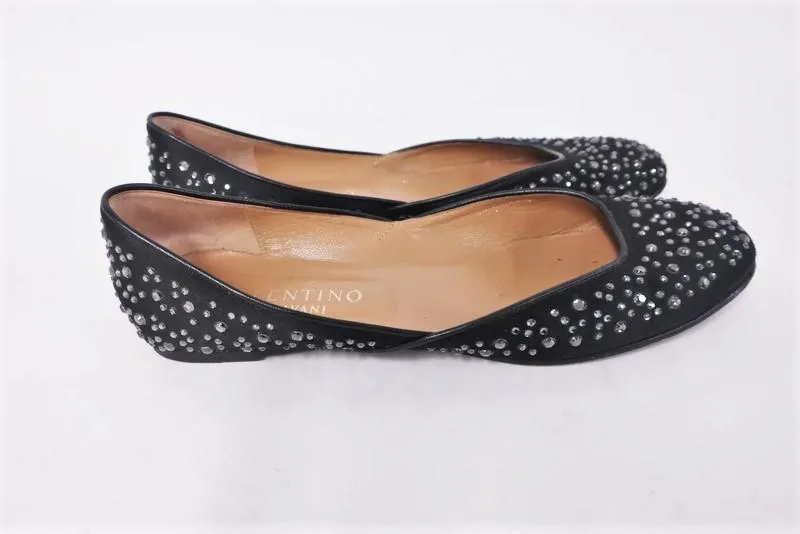 Valentino Garavani Swarovski Crystal Studded Flats Black Satin Size 40.5