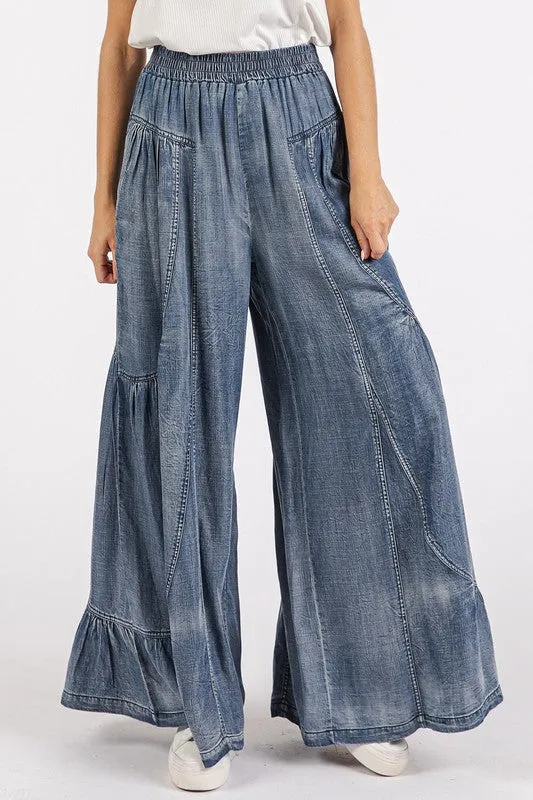 Washed Chambray Tier Detail Wide Leg Pants