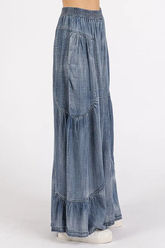 Washed Chambray Tier Detail Wide Leg Pants