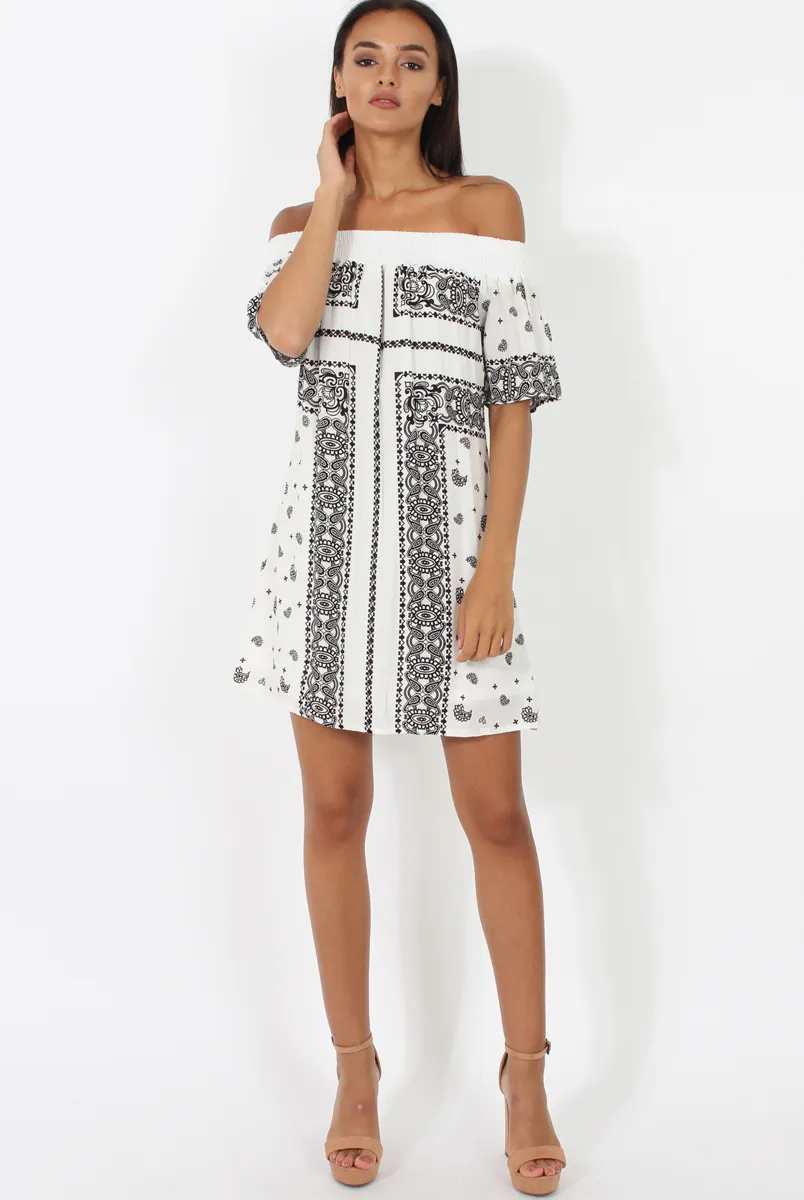 White & Black Paisley Print Bardot Dress - Penny
