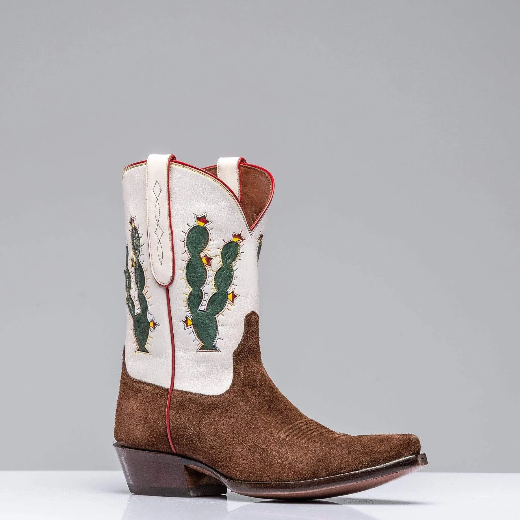 White Leather And Brown Suede Barstow Slip On Western Cowboy Boots With Cactus - Cowboy Boots