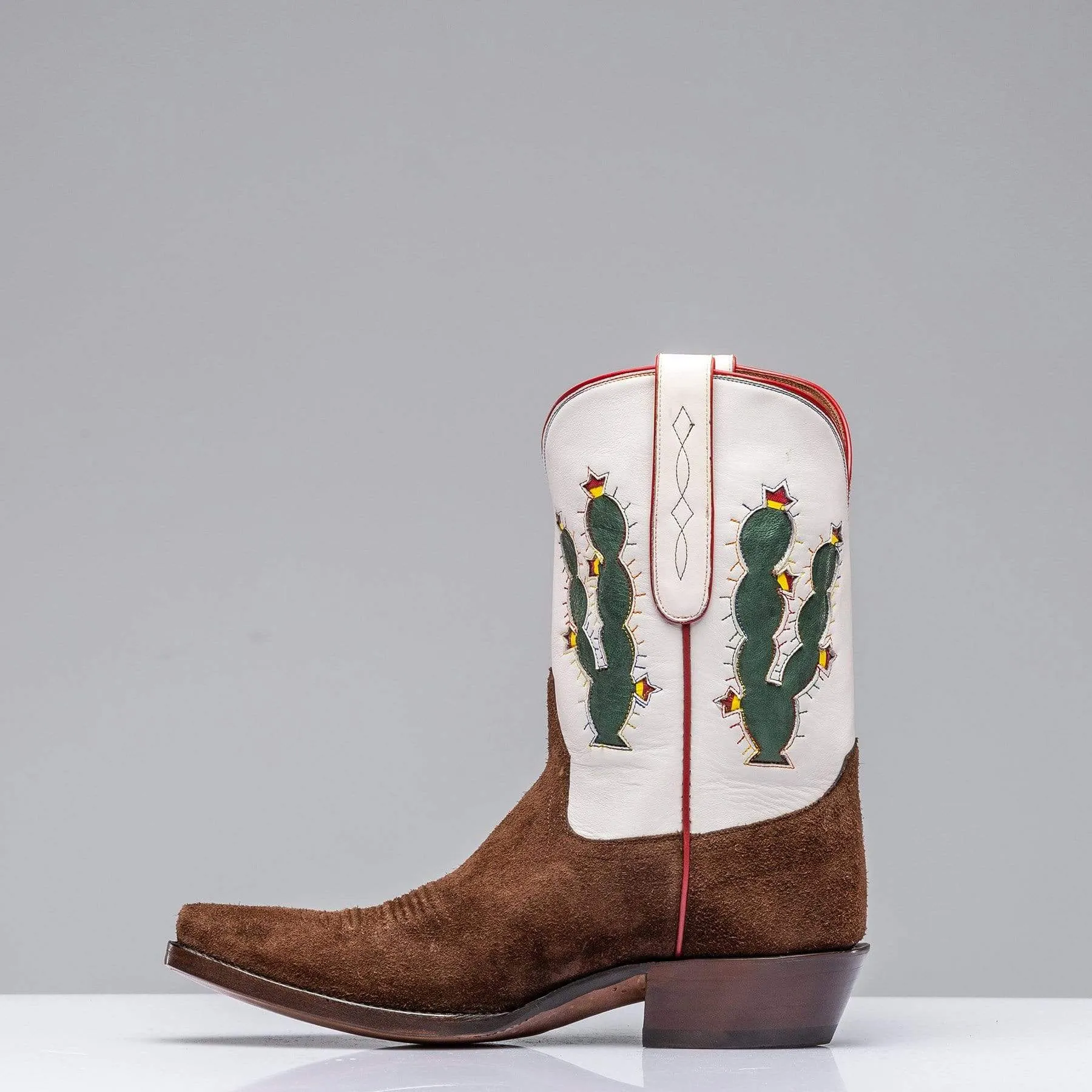 White Leather And Brown Suede Barstow Slip On Western Cowboy Boots With Cactus - Cowboy Boots