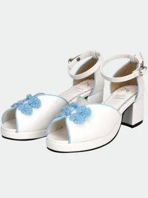 White Qi Lolita Sandals Chunky Pony Heels Blue Chinese Style Buttons