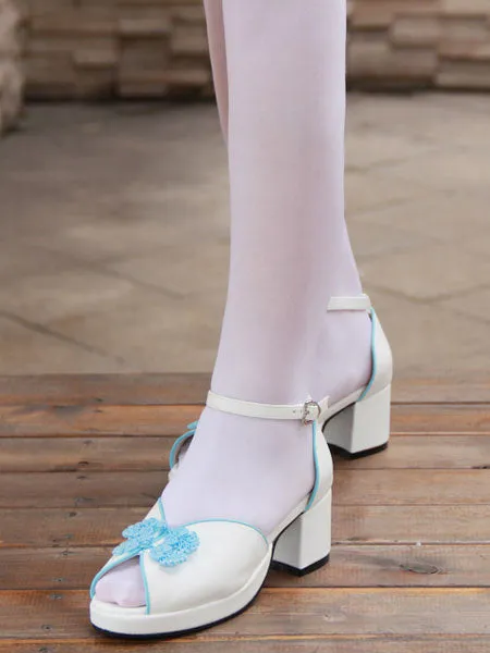 White Qi Lolita Sandals Chunky Pony Heels Blue Chinese Style Buttons