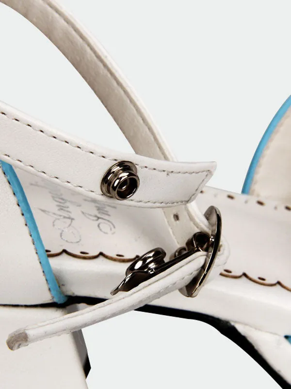 White Qi Lolita Sandals Chunky Pony Heels Blue Chinese Style Buttons
