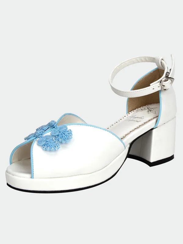 White Qi Lolita Sandals Chunky Pony Heels Blue Chinese Style Buttons