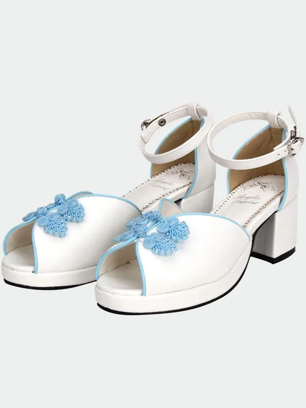 White Qi Lolita Sandals Chunky Pony Heels Blue Chinese Style Buttons