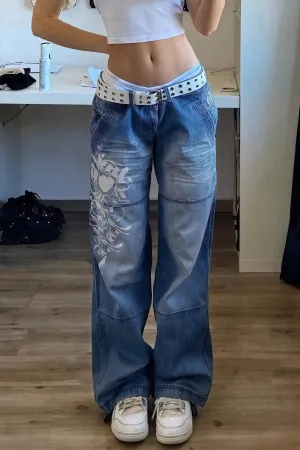 Wide-Leg Jeans with Floral Accent