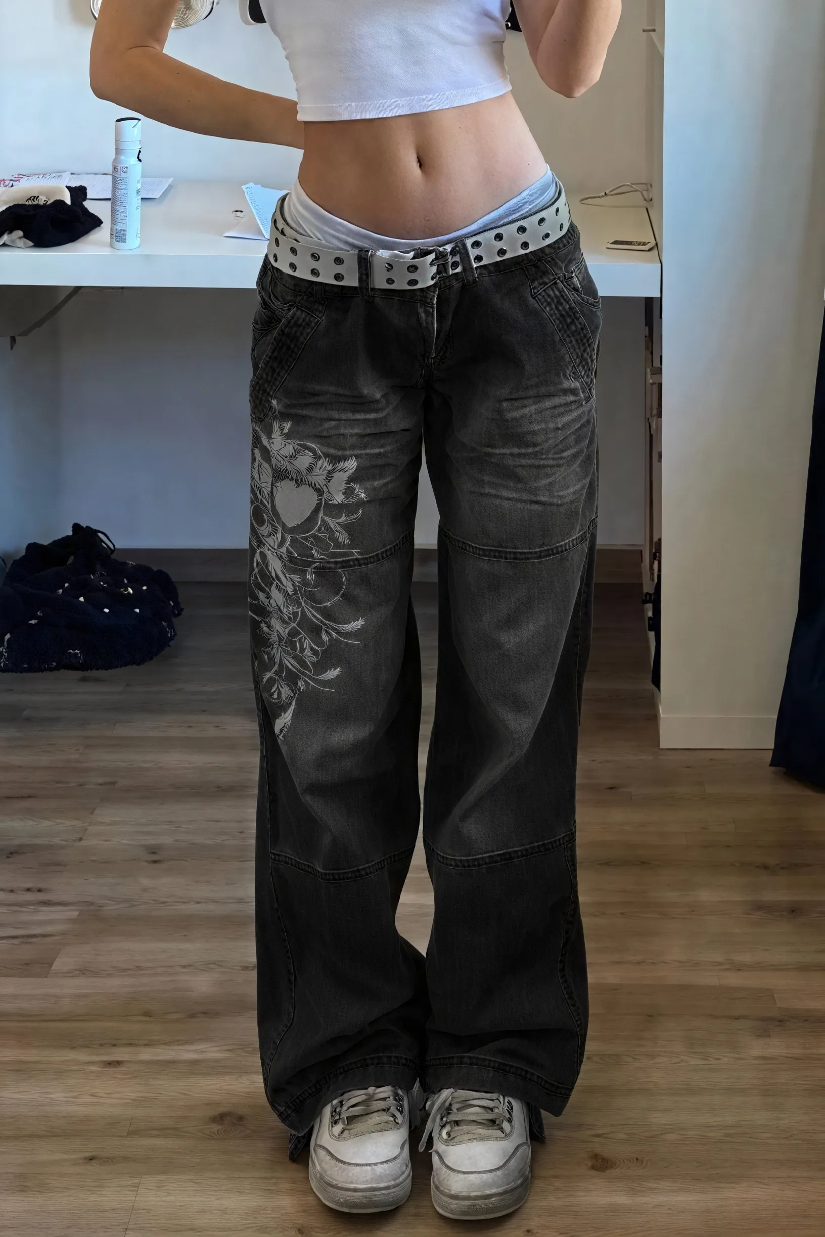 Wide-Leg Jeans with Floral Accent