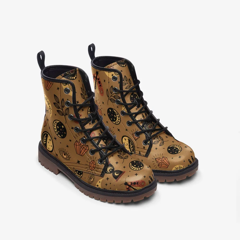Witchy Moon & Stars Mustard Vegan Leather Unisex Boots