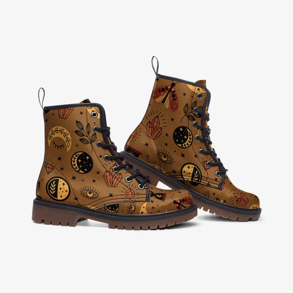 Witchy Moon & Stars Mustard Vegan Leather Unisex Boots