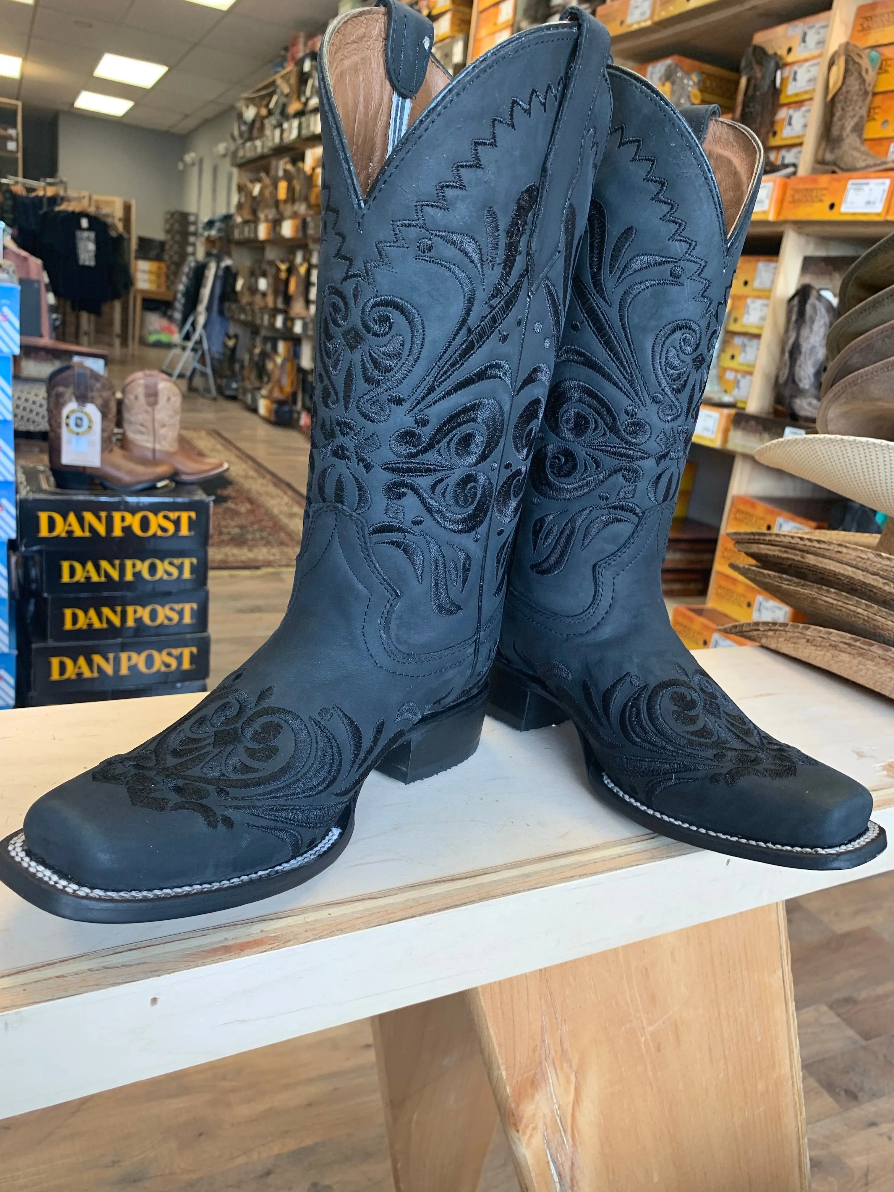 Women's Black Embroidery Wide Square Toe Boot by Corral