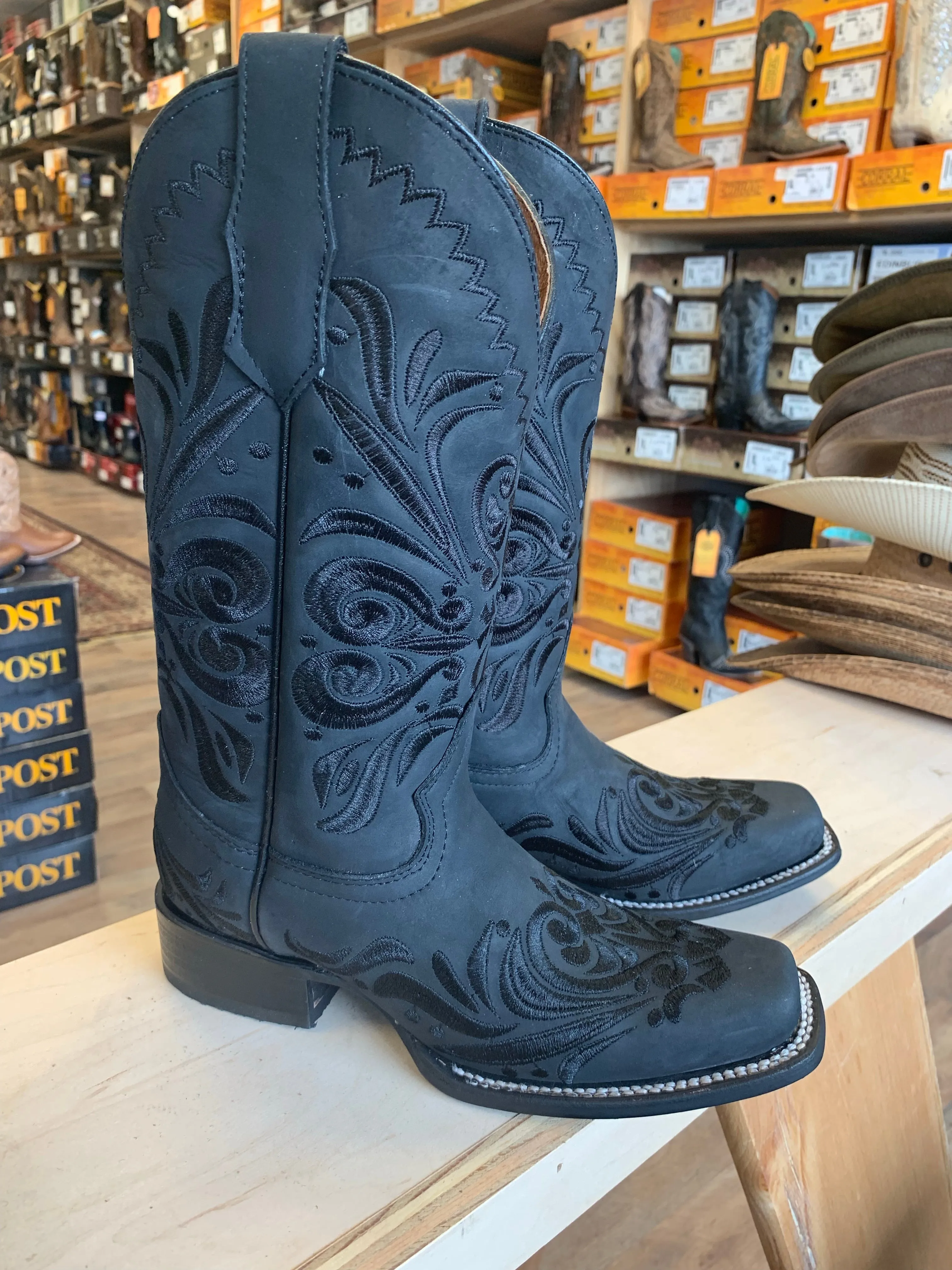 Women's Black Embroidery Wide Square Toe Boot by Corral