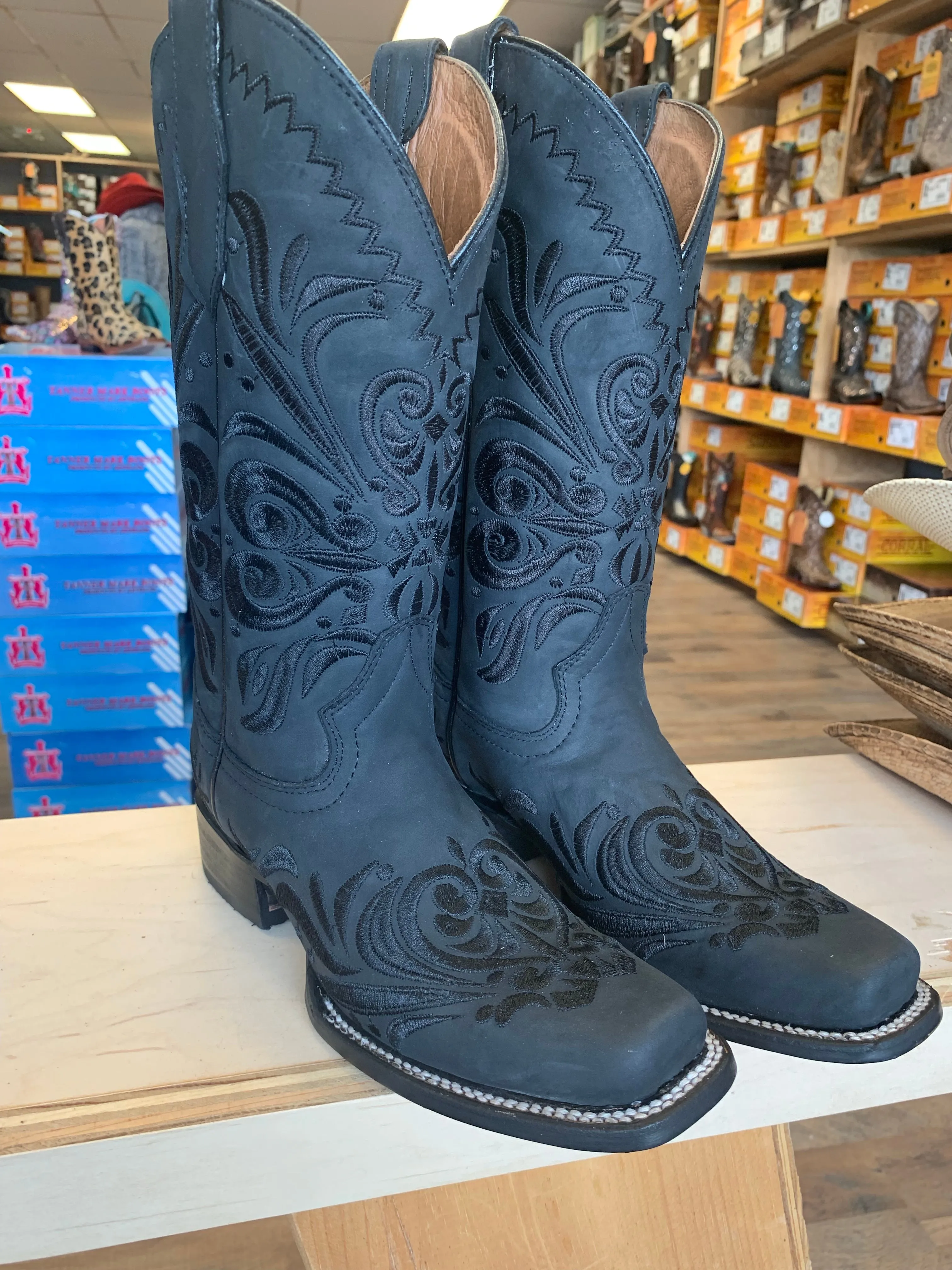 Women's Black Embroidery Wide Square Toe Boot by Corral