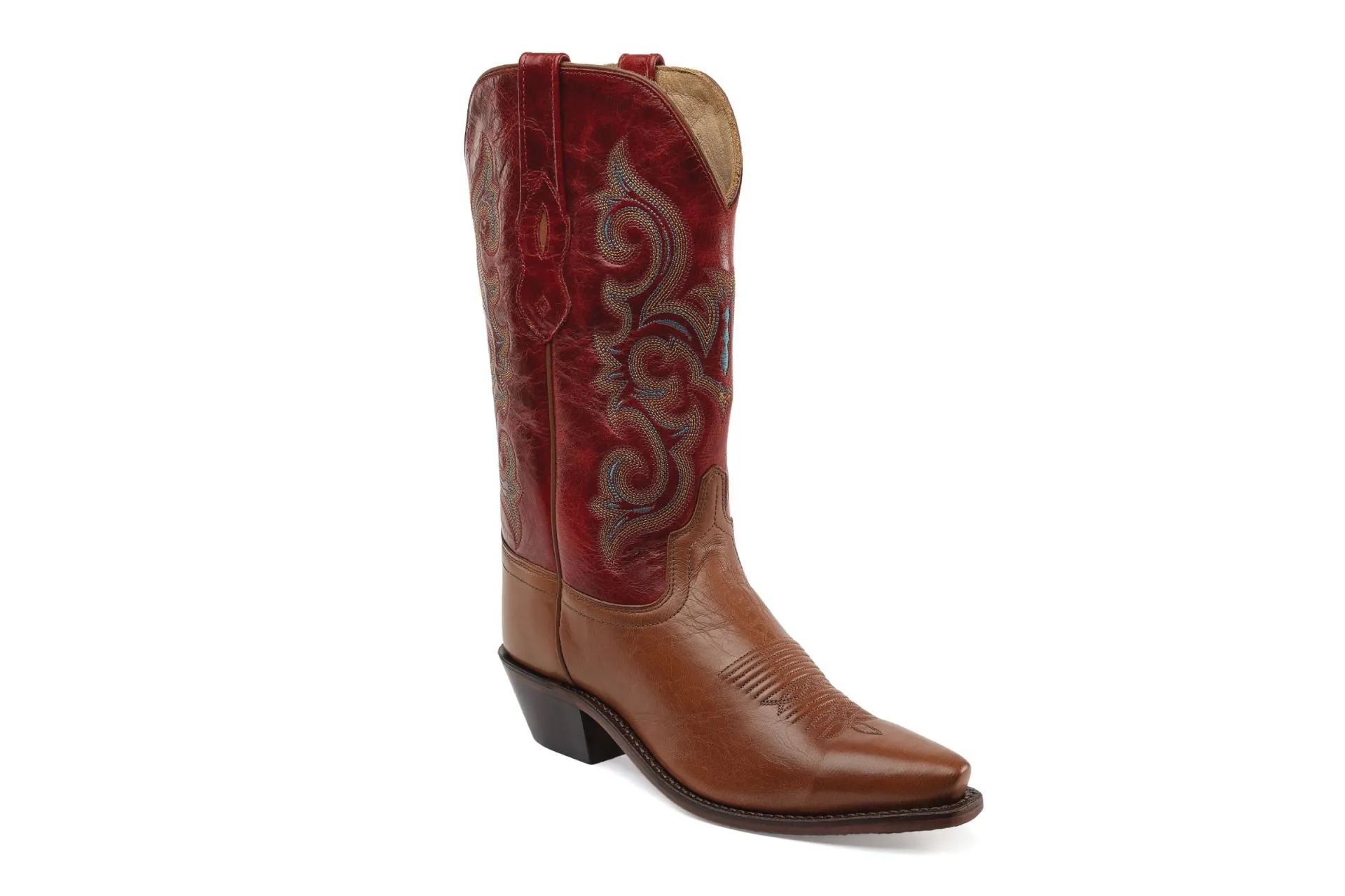 Women's Cowboy Country Western Boots Handmade Brown Leather and Red Embroidered Upper LF1628E