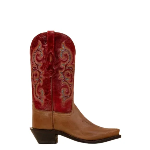 Women's Cowboy Country Western Boots Handmade Brown Leather and Red Embroidered Upper LF1628E