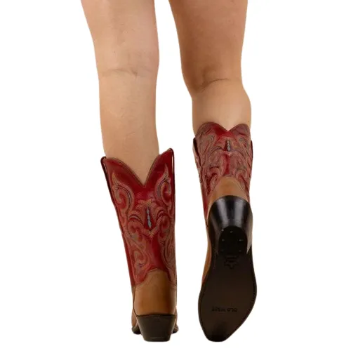 Women's Cowboy Country Western Boots Handmade Brown Leather and Red Embroidered Upper LF1628E