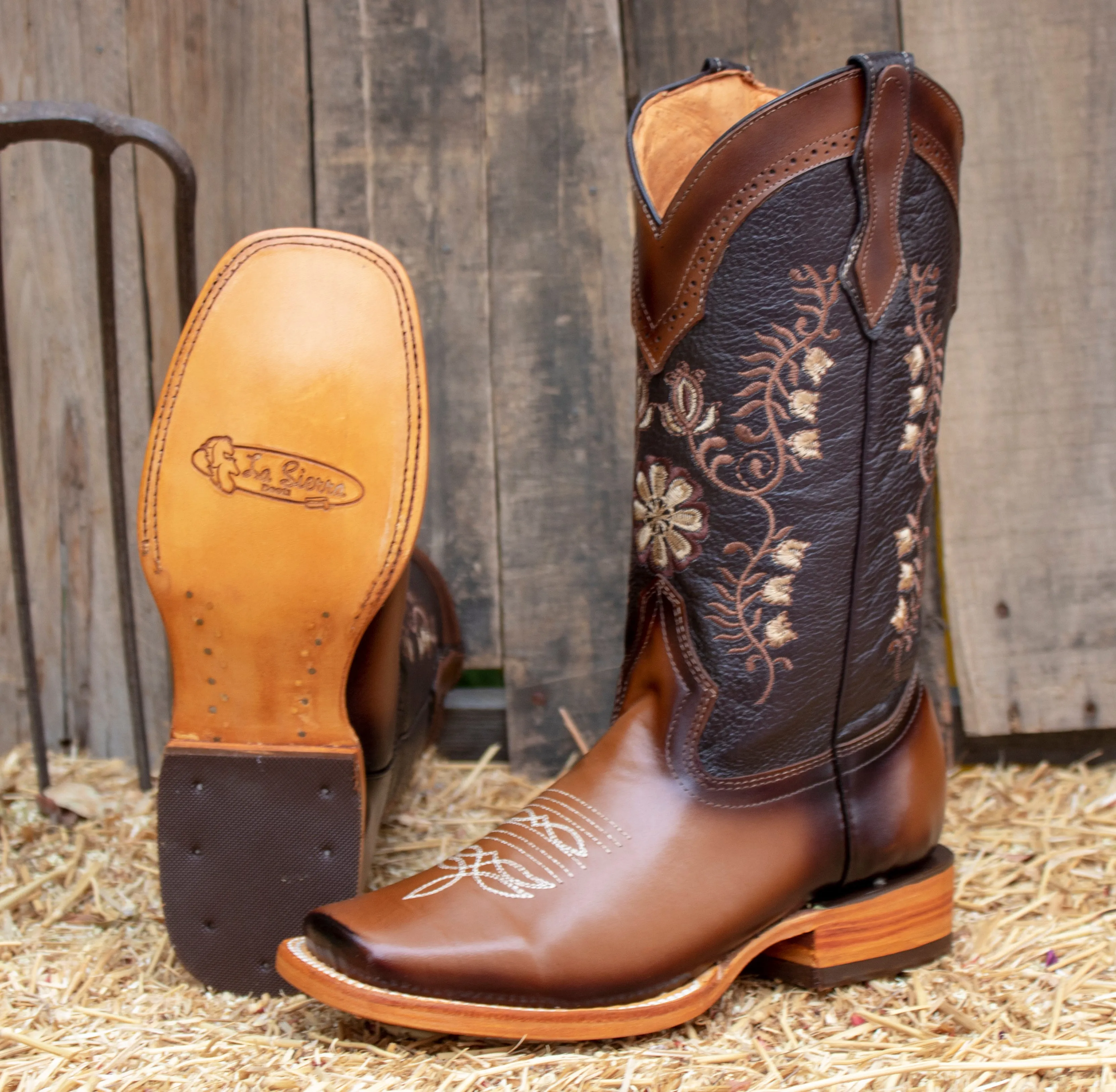 WOMENS LEATHER EMBROIDERED RUSTIC SQUARE TOE RODEO COWGIRL BOOTS