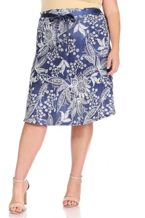Women's Plus Size Floral A-line Printed High Waist Bow Tie Belted Knee Length Midi Skirt