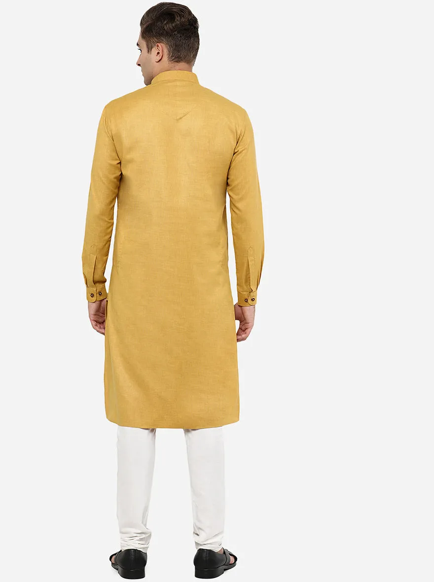 Yellow Self Textured Regular Fit Modi Kurta | JadeBlue