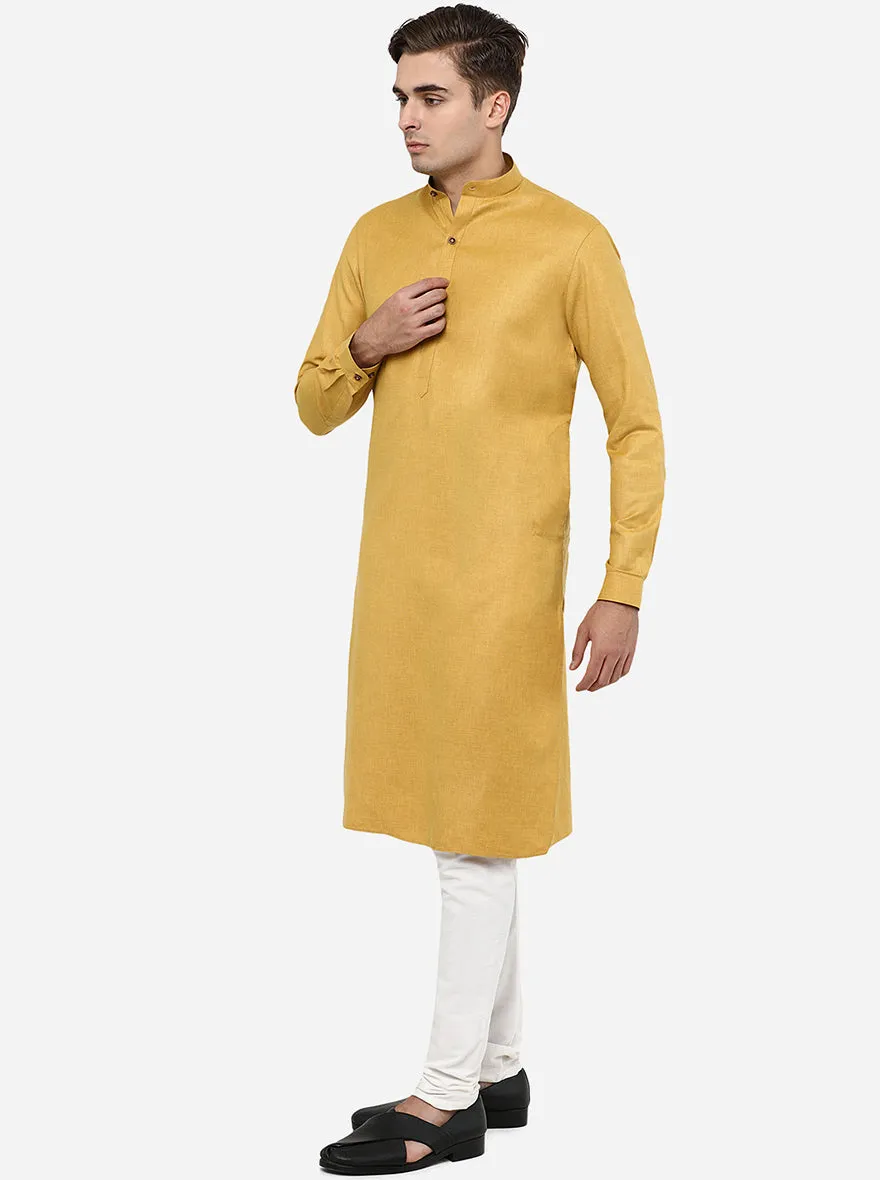 Yellow Self Textured Regular Fit Modi Kurta | JadeBlue