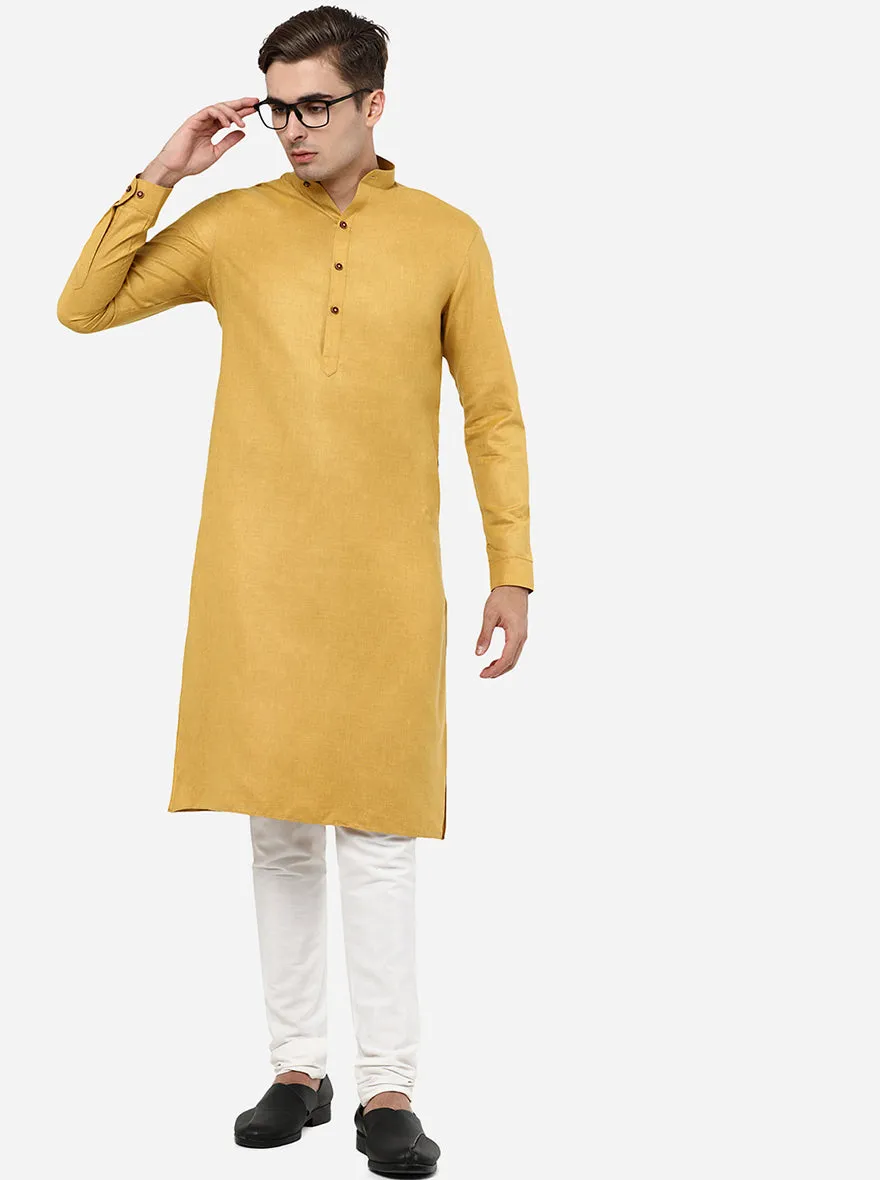Yellow Self Textured Regular Fit Modi Kurta | JadeBlue