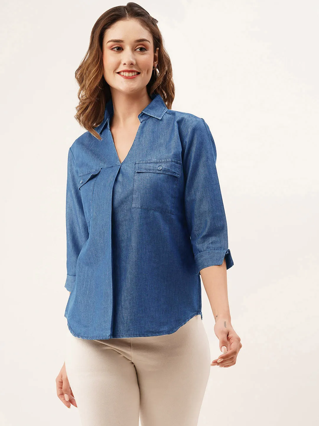 ZOLA Collar Neck Solid 3/4th Sleeves Stone Blue Color Straight Denim Top For Women