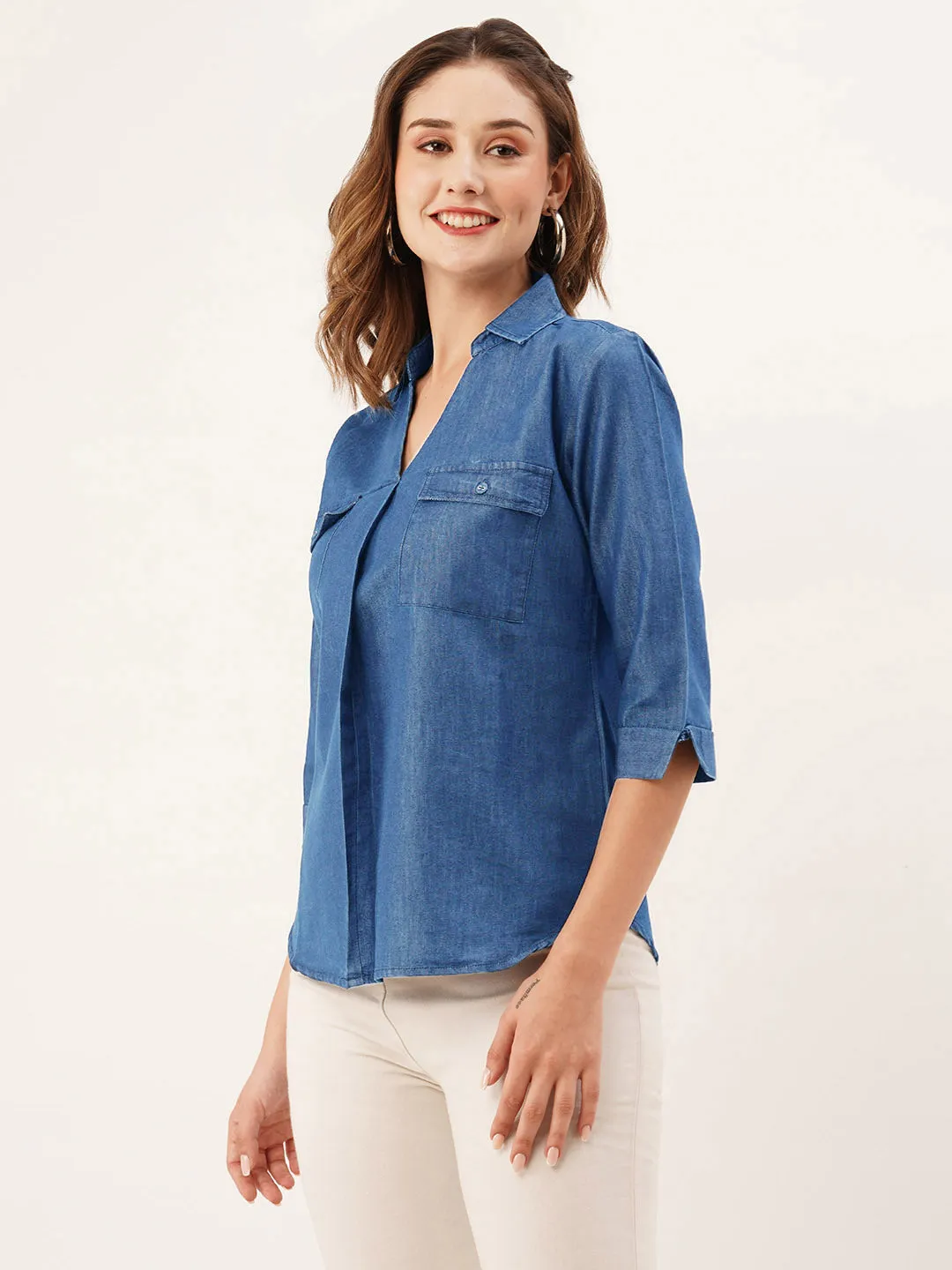ZOLA Collar Neck Solid 3/4th Sleeves Stone Blue Color Straight Denim Top For Women